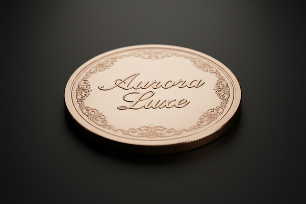 Rose gold coin with text that says "Aurora Luxe", on a black background