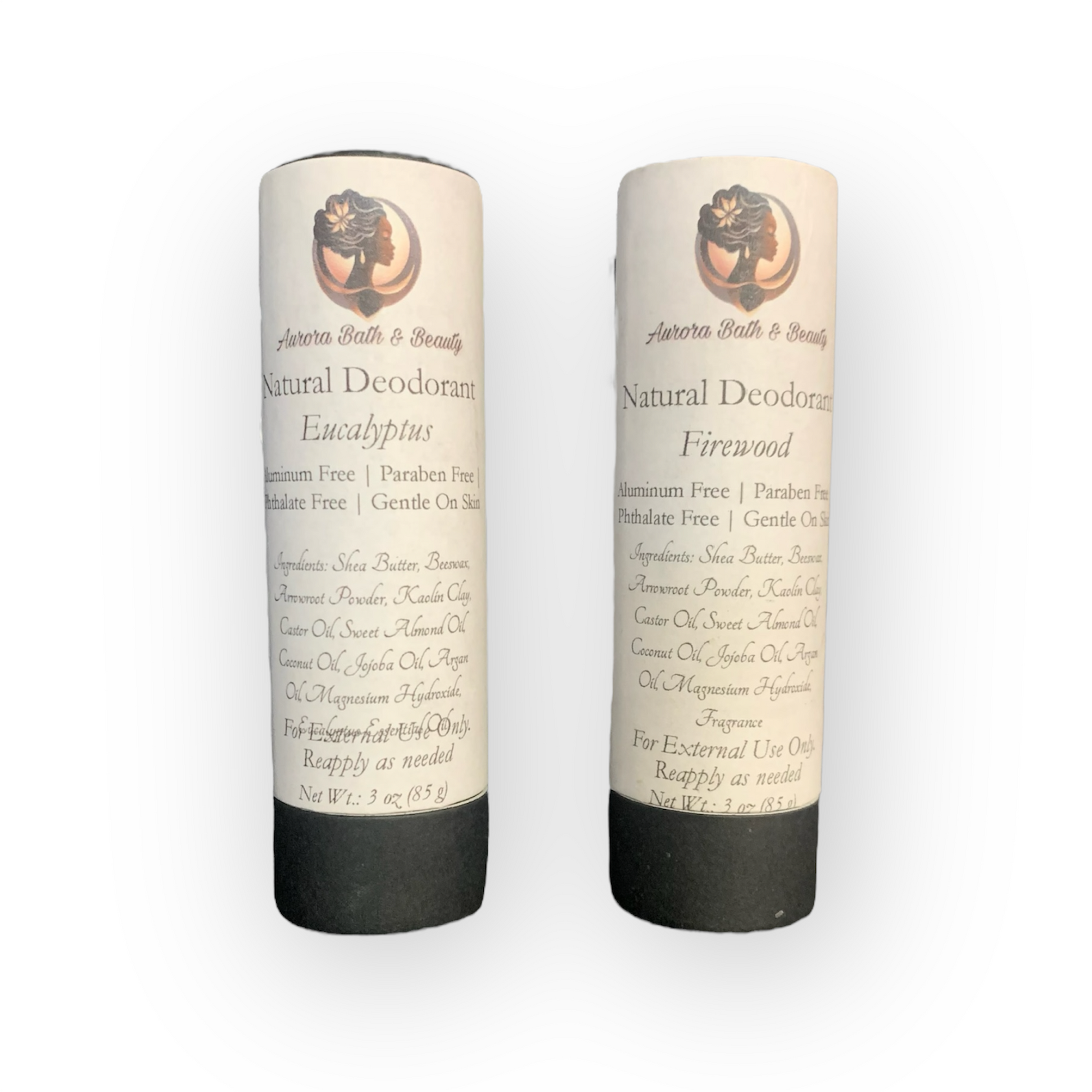 Two cylindrical natural deodorant sticks with labels, one marked Eucalyptus and the other Firwood, against a white background.