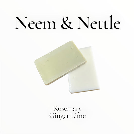 Two bars of soap with 'Neem & Nettle' on a white background
